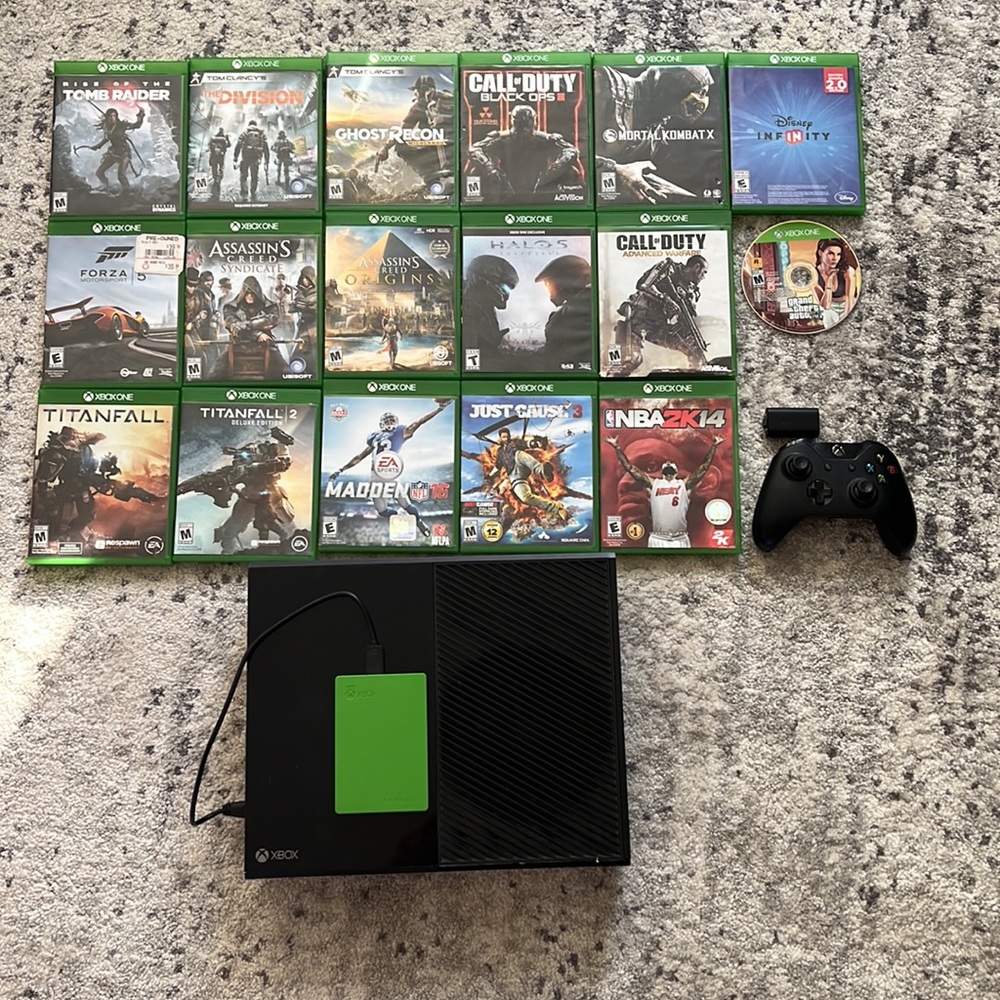 Xbox 1 and external storage with controller and games
